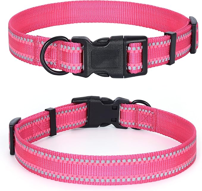 Mile High Life Reflective Dog Collar, Basic Dog Collars Adjustable Quick Release, Soft Nylon Pet Collar with Metal D-Ring for Small Medium Large Dogs (Pink, L Neck15-19")