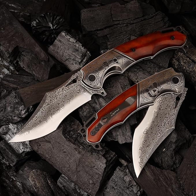 Damascus pocket knife clip leather sheath, VG10 core folding knife, portable EDC clip, outdoor survival camping bone handle