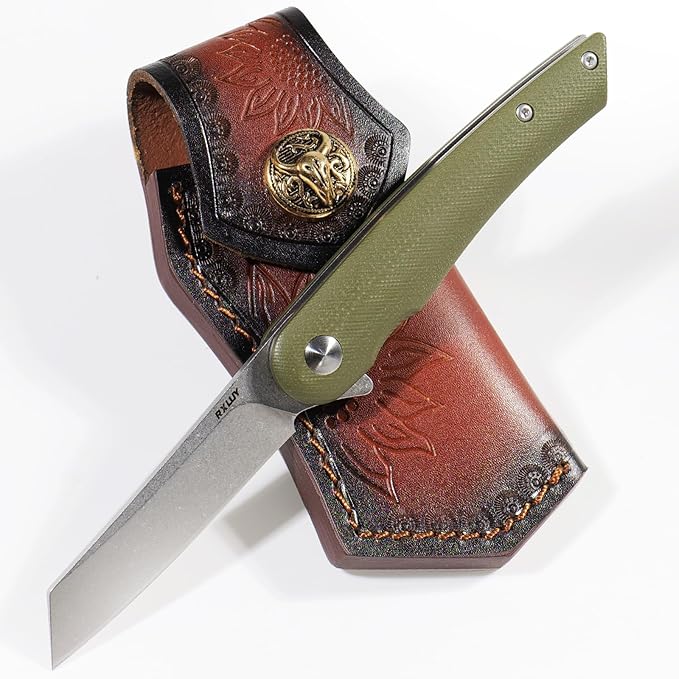 Folding Pocket Knife with Leather Sheath, 2.79??14C28N Steel Blade Micarta Handle Flipper Liner Lock Small EDC Folding Knife, Sharp Camping Hunting Outdoor Survival Knives for Men Women (Green)
