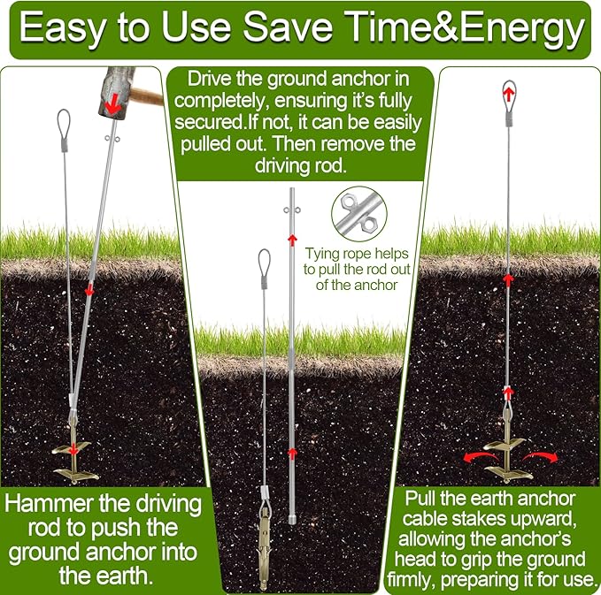 Earth Anchors for Trapping with Drive Rod Tool, 35" x 1/8" Galvanized Cable for Securing Camping