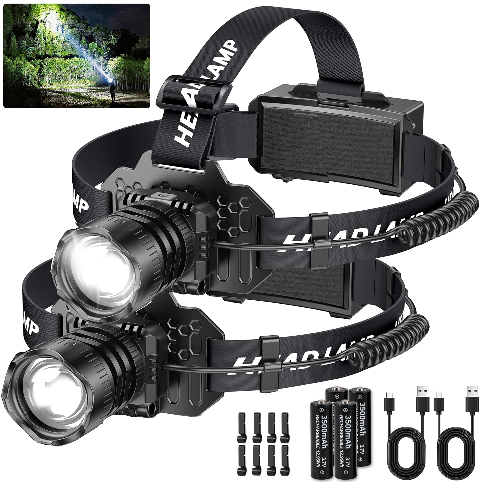 Curtsod Rechargeable LED Headlamp 2-Pack - 99000 Lumens Super Bright with Motion Sensor & 90°