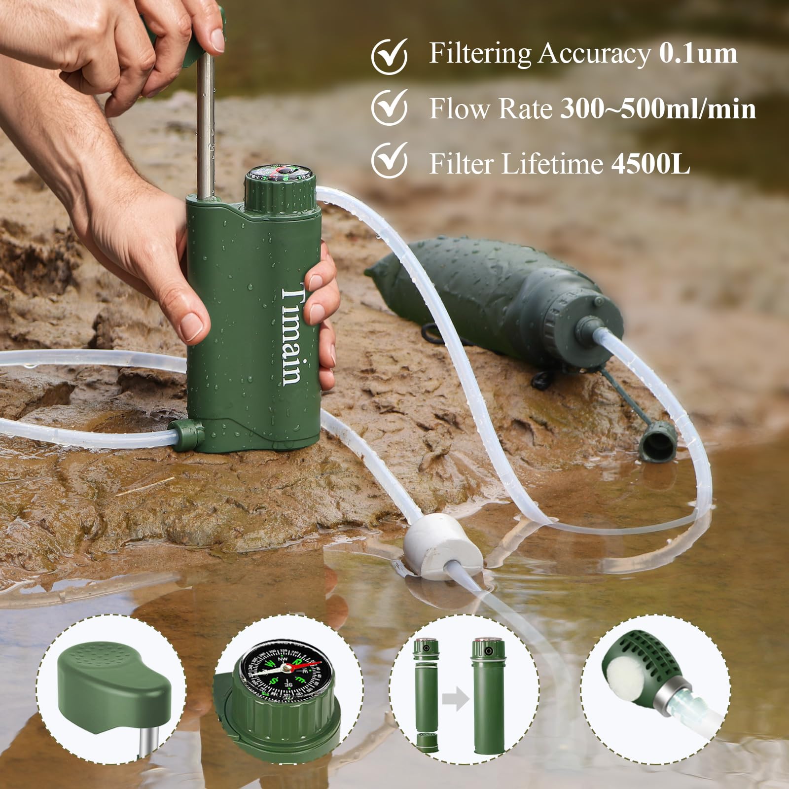 Timain Outdoor Portable Water Filter Pump,Water Filtration Systems,Perfect for Travel,Camping