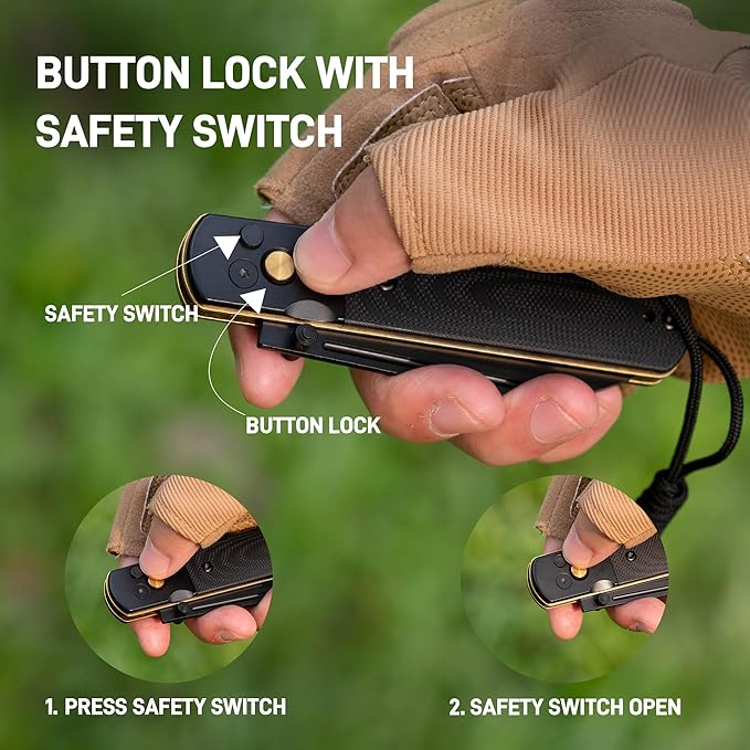 ARTISANCUTLERY Holm Pocket Knife, EDC Knife with 3.10'' AR-RPM9 Steel, Handle with Black PVD Steel and G10 Inlay, Button Lock with Safety Switch Knife for Camping Survival Outdoor, 1875P Black PVD