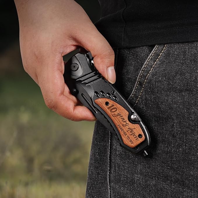 Titorld 10 Years Anniversary Keepsake Gifts for Him, 10th Tin Anniversary for Men Him Husband, Ten Year Marriage Wedding Date Engraved Pocket Knife with Gift Box, Personalized Mens knife