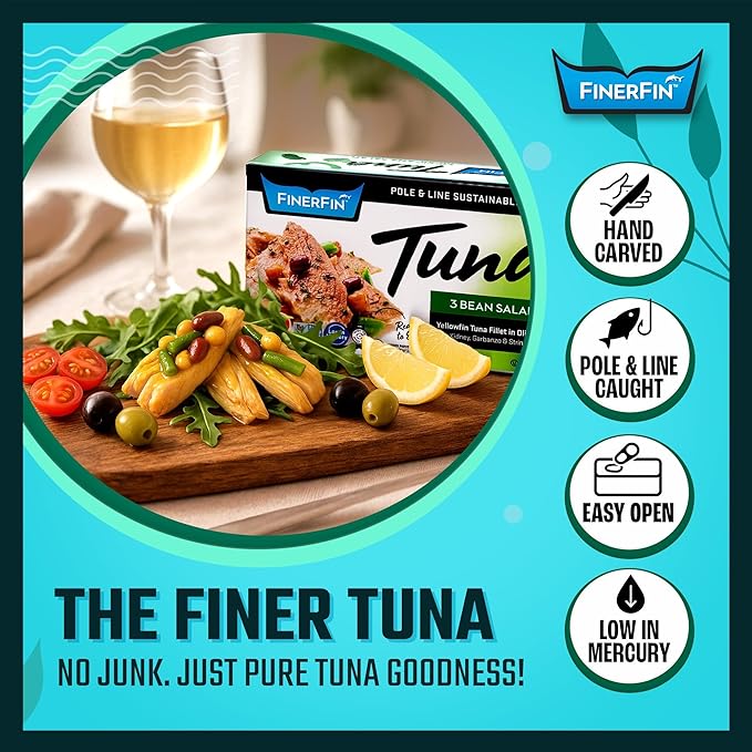 FinerFin Yellowfin Tuna In Organic Olive Oil ??3 Bean Salad Flavor (4.4oz can - 6 Pack); Premium Canned Fish with EVOO, Gourmet Ready-to-Eat Fillets, Wild-Caught
