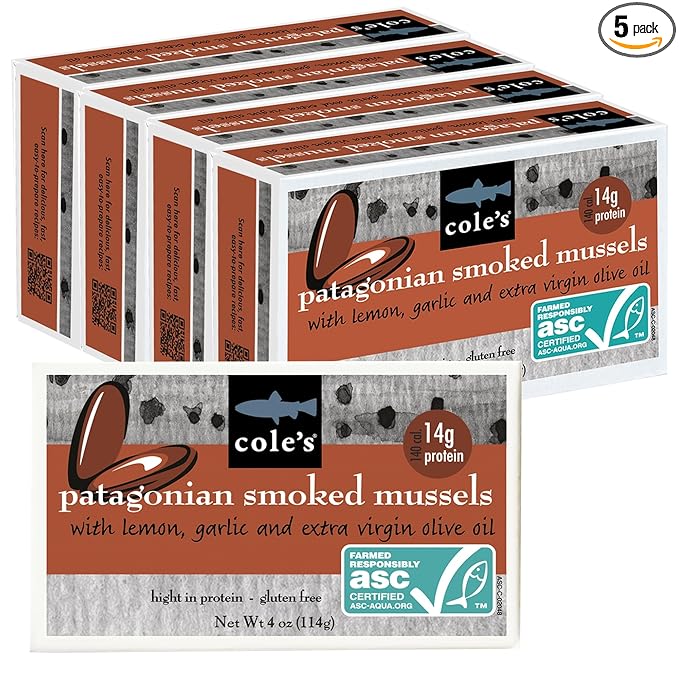 Cole?™s Patagonian Smoked Mussels Canned with Lemon & Garlic in Extra Virgin Olive Oil | 4oz Hand-Packed Tinned Mussels | 14g Protein | Pack of 5