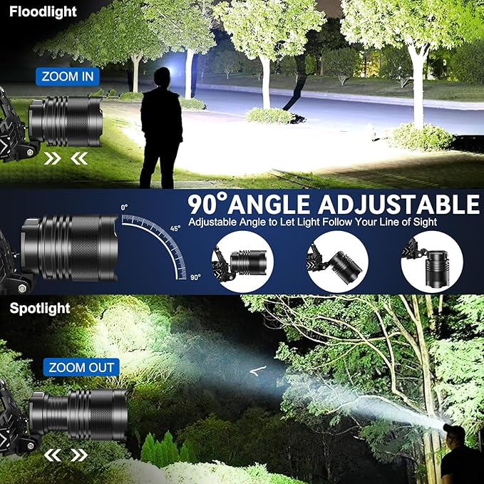 Cinlinso Headlamp Rechargeable, 99,000 Lumens Super Bright LED Head Lamp with 4 Modes, 90° Adjustable Head Lights for Forehead, IPX6 Waterproof HeadLamps for Adults Camping Hunting