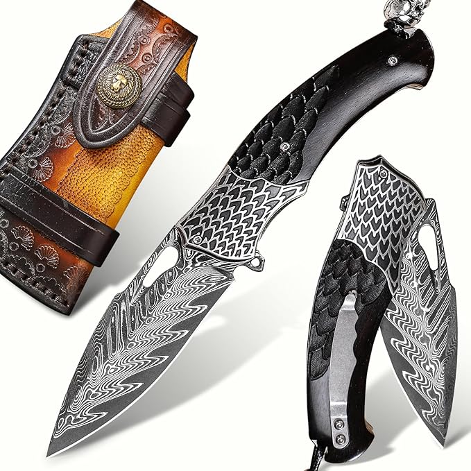 Quality pocket knives for men and women，Damascus Steel Pocket Folding Knife，With leather sheath, Ebony Handle，Engraved feather pattern，Outdoor camping, EDC carrying adventure, Hiking trip, gift