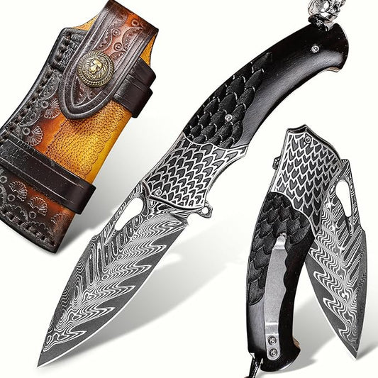 Quality pocket knives for men and women，Damascus Steel Pocket Folding Knife，With leather sheath, Ebony Handle，Engraved feather pattern，Outdoor camping, EDC carrying adventure, Hiking trip, gift