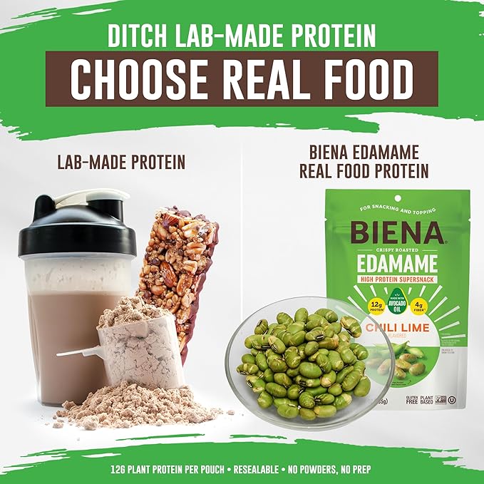 Biena Crispy Roasted Edamame Beans Snack ??High Protein Snack for Adults & Kids, 12g-13g Protein per Serving - Made with Avocado Oil ??Vegan, Low Carb, Gluten-Free ??3-Pack 4.75oz, Chili Lime