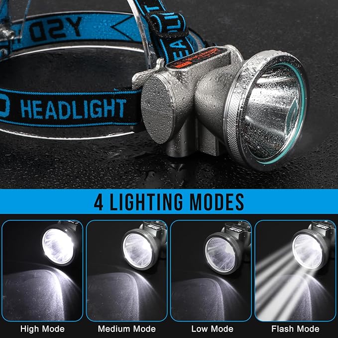High Brightness LED Headlamp with Display Screen Rechargeable USB-C Waterproof Headlight with Runtime Indicator 4 Lighting Modes Light for Camping, Work, Hunting, Fishing (Mode 505 - White Light)