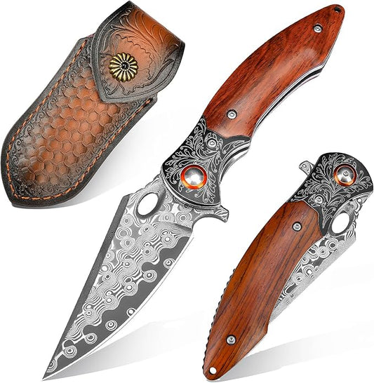 Damascus Pocket Knife, 3.27??Damascus Blade EDC Folding Knives with Guibourtia Wooden Handle, Christmas Ideal for Utility Gift