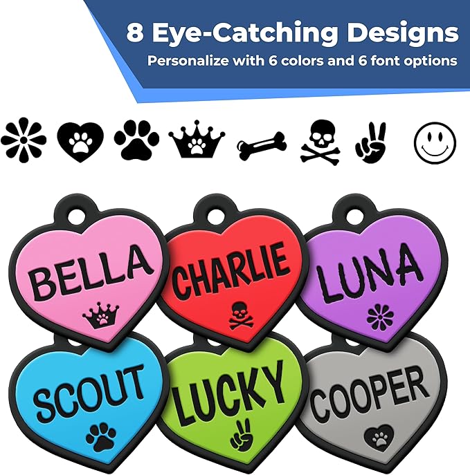 GoTags Silicone Dog Tags, Soundless Pet Tag, Personalized Silent Tag Engraved for Pets with Cute Custom Designs, for Dogs and Cats, (Heart, Purple)