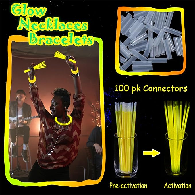 100 pk 8" Yellow Glow Sticks Bulk Party Favors, Light up Glow Necklaces & Bracelets in the Dark Party Supplies For Christmas Halloween Birthday Neon Party (100 * Yellow)