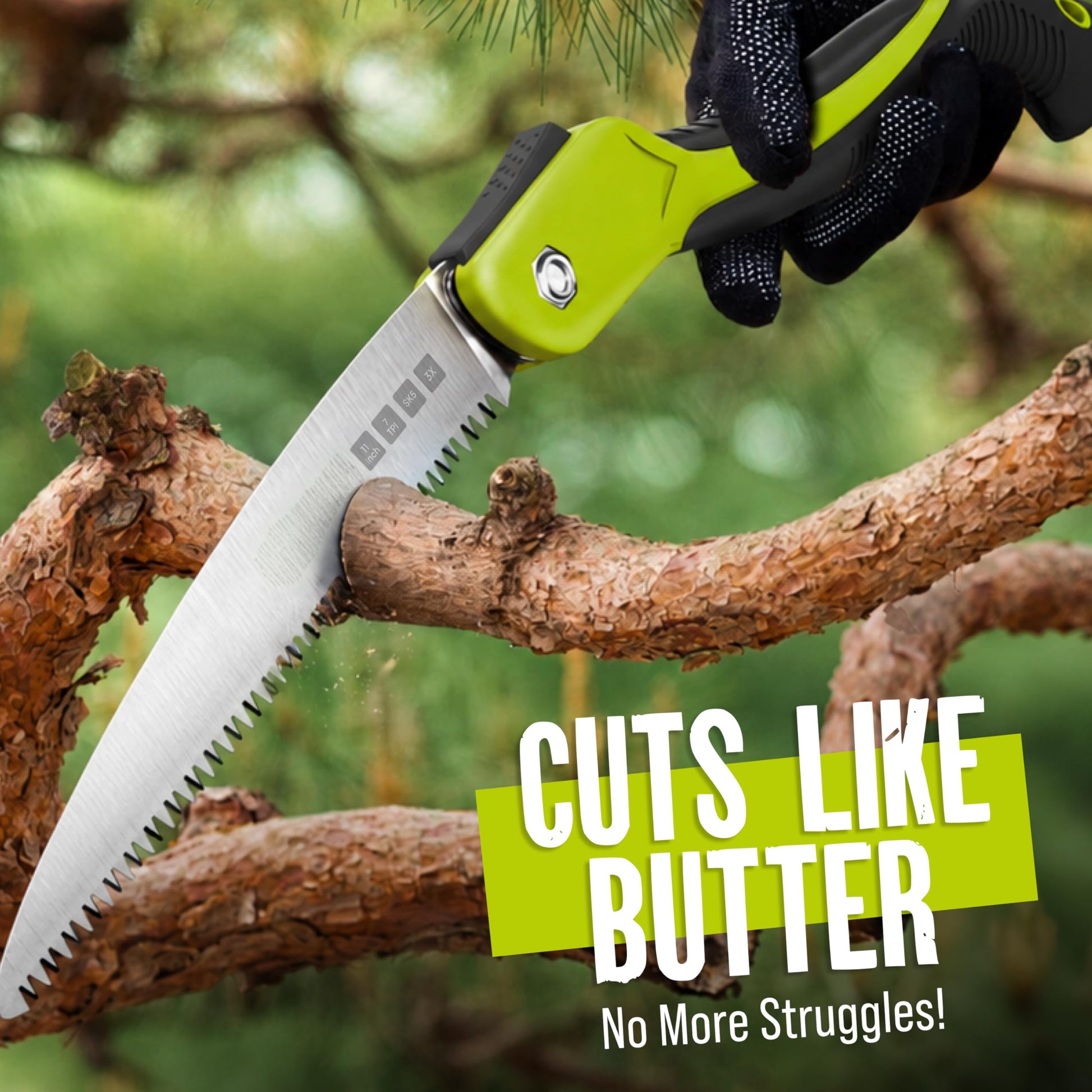Folding Camping saw 11 Inch - Heavy Duty Pruning Saw with Triple-Cut SK5 Blade, 7 TPI Razor Teeth