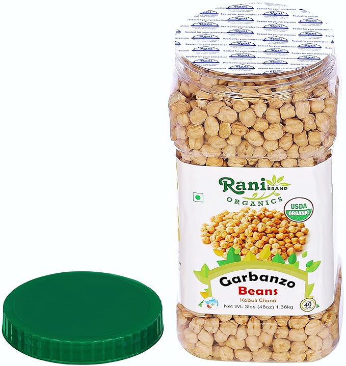 Rani Organic Garbanzo Beans (Kabuli Chana) 48oz (3lbs) 1.36kg Bulk PET Jar ~ All Natural | Vegan | Gluten Friendly | NON-GMO | Indian Origin | USDA Certified Organic