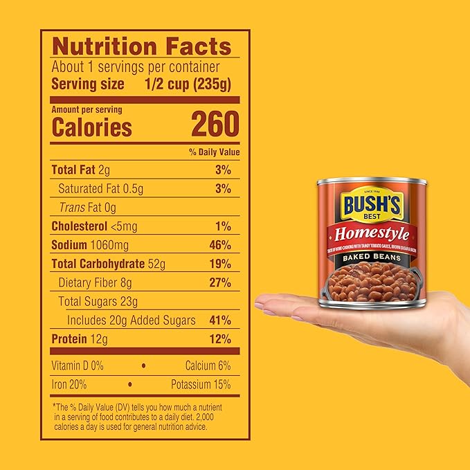 BUSH'S BEST 8.3 oz Canned Homestyle Baked Beans, Source of Plant Based Protein and Fiber, Low Fat, Gluten Free, (Pack of 12)
