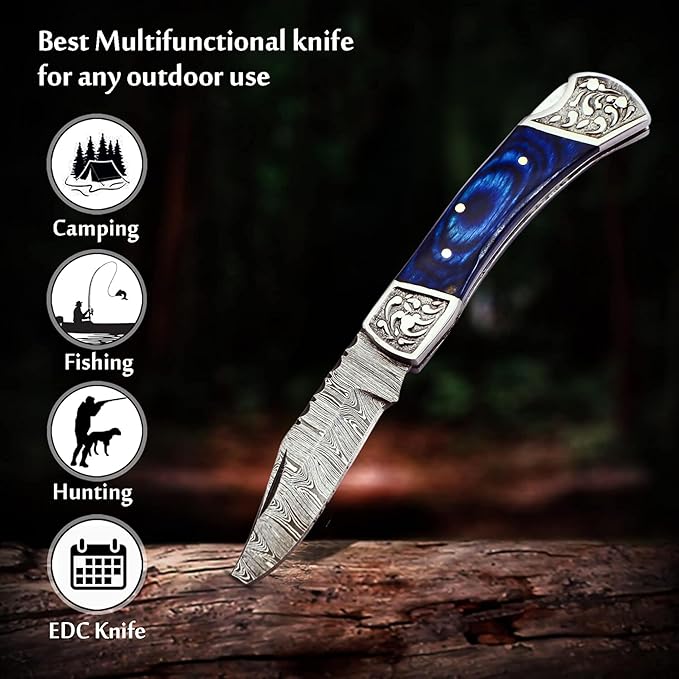 Handmade Damascus Pocket Knife for Men - 7.2 Inches Engraved Steel Damascus Folding Pocket Knife with Belt Holster - Pocket Knives & Folding Knives with Sheath & Back Lock - EDC Knife Pocket.(Blue)