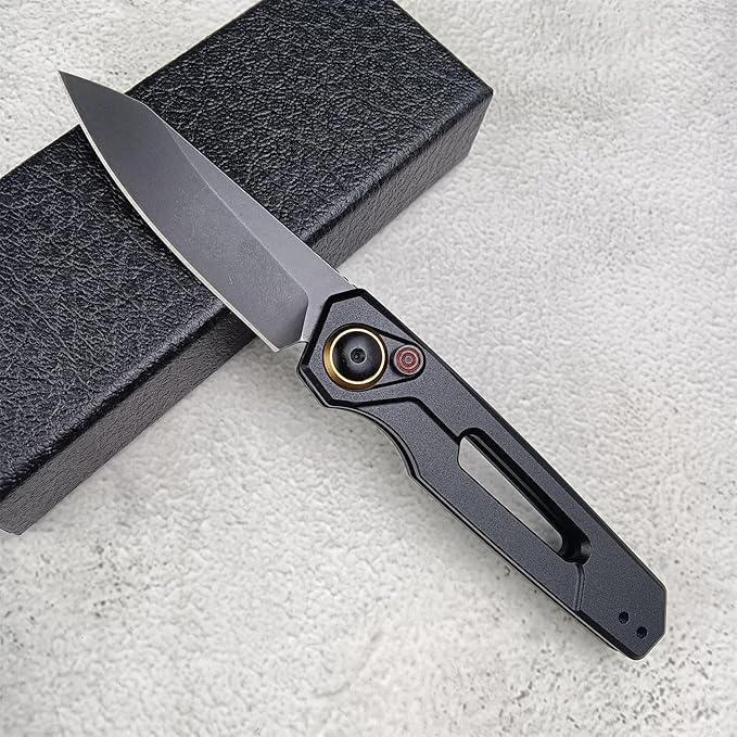 Push Button Lock Knife, Tactical Speedsafe Assisted EDC Folding Knife, Black Stonewashed Reverse Tanto Blade Aluminum Handle Outdoor Hunting Camping Knives With Reversible Deep Carry Pocket Clip For Men
