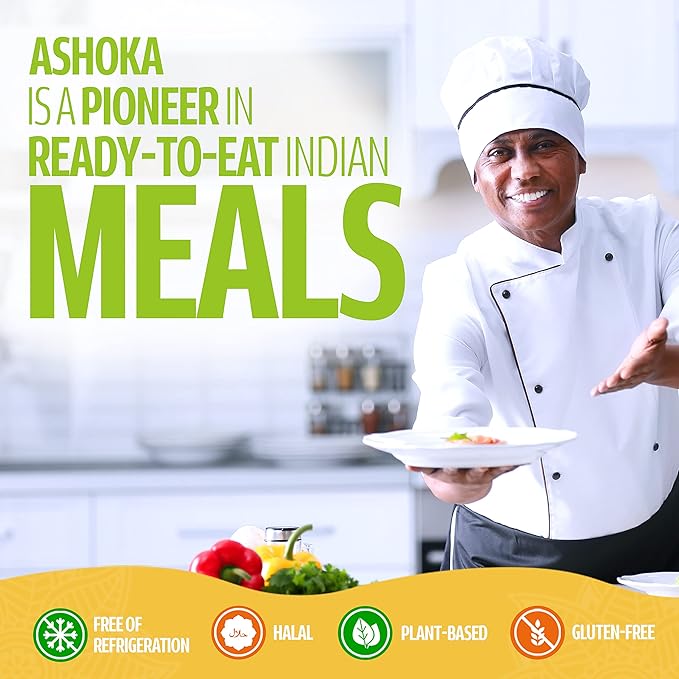 Ashoka Microwavable Meals 1932, Vegan Chickpeas & Potatoes, All-Natural, Kosher Certified, Heat & Serve Meals, Aloo Choley, Real Indian Cuisine, Gluten-Free & with No Preservatives, Pack of 10