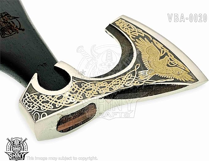 SHINY CRAFTS-Axes Handmade Viking Axe Hatchet Norse Axe-Carbon Steel Head and Golden Flying Eagle Design, Ash Wood Handle Viking Gifts for Men with Premium Quality Leather Sheath (SCA 20)