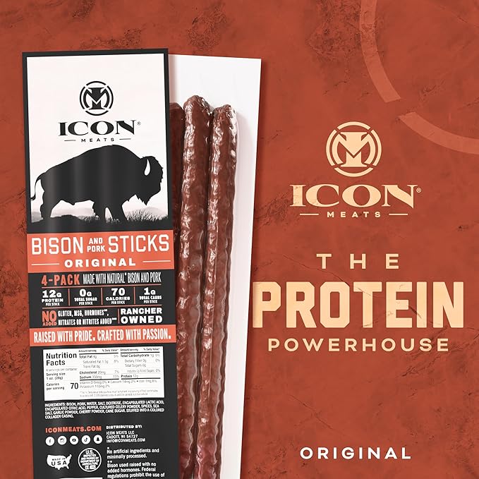 ICON Meats Bison and Pork Snack Sticks - Original Flavor – 6 Packs Per Box, 4 Sticks Per Pack, All Natural Jerky Meat Sticks, USDA Approved, Diet Friendly, High Protein, Low Calorie, Sugar Free