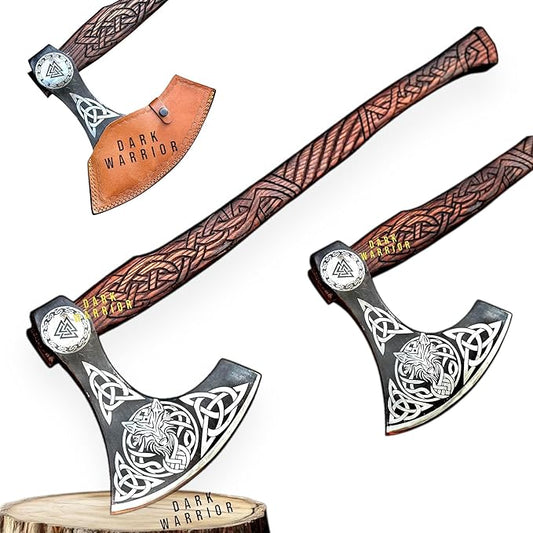 Dark Warrior | Ragnar Lothbrok Viking Axe Hand Forged Carbon Steel Viking Axe Camping Axe Berserker Axe, Large Norse Axe,Scandinavian Double Headed Axe Functional Viking Battle ax Norse Mythology
