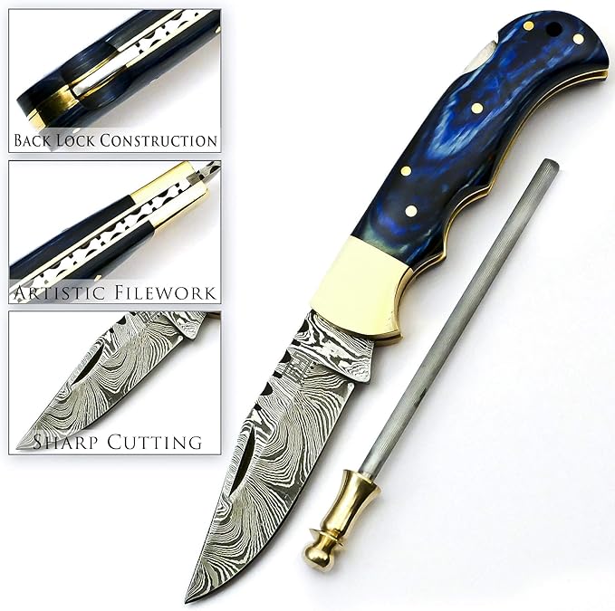 Retirement Gifts for Men - Personalized Damascus pocket knife with sheath - Custom Engraved 2025 Retirement Gifts for Him, Dad, Husband, Boss, Coworker - Best Mens Retirement Gift Ideas