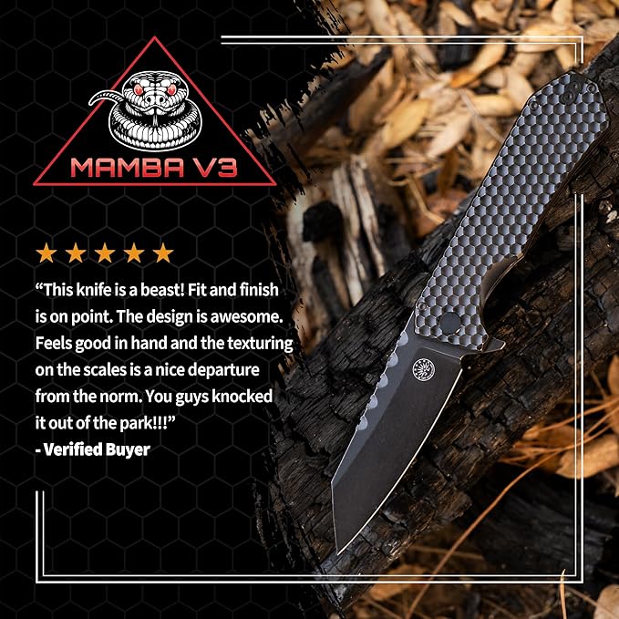 Off-Grid Knives - MAMBA V3, Large EDC Knife with MagnaCut Blade Steel, Titanium Scales and Hardware, Manual Ball Bearing Flipper, Four Finger Grip, Deep Pocket Carry (Blackout)