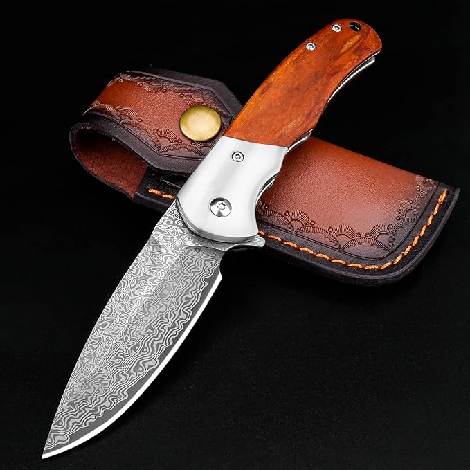 KOMWERO Damascus Pocket Knife with Clip for Men, VG10 Damascus Steel Folding Knives, EDC Damascus Knife with Leather Sheath Wooden Handle for Camping Collection