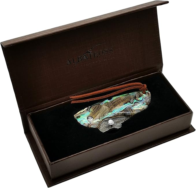 ALBATROSS Mini Pocket Knife - 4.75" Modern Damascus Steel Folding Knife with Abalone Seashell Handle - 71 Layer Handcrafted Blade - Liner Lock System - Luxury Gift Box - HGDK013B
