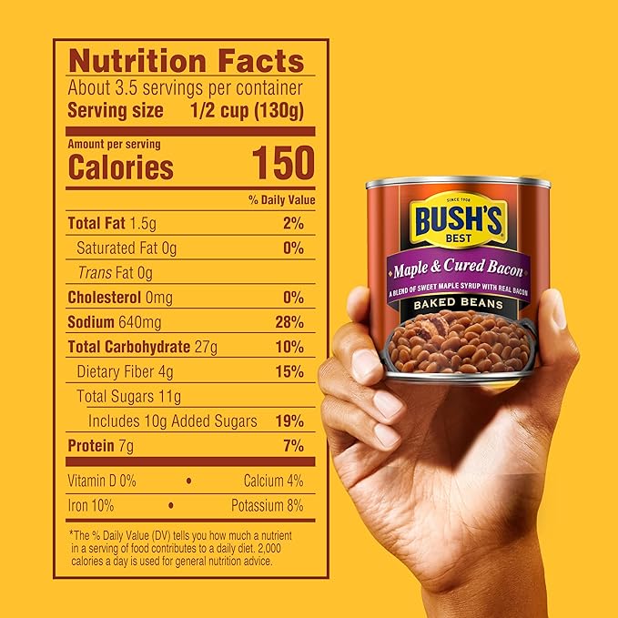 BUSH'S BEST 16 oz Canned Maple Cured Bacon Baked Beans Source of Protein and Fiber, Low Fat, Gluten Free, (Pack of 12)