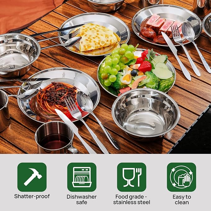 Odoland 29pcs Stainless Steel Utensils Camping Tableware Kit with Bowls Plates Cups Forks Spoons and Knives for 4, Cutlery Flatware Set for Backpacking, Outdoor Camping Hiking and Picnic