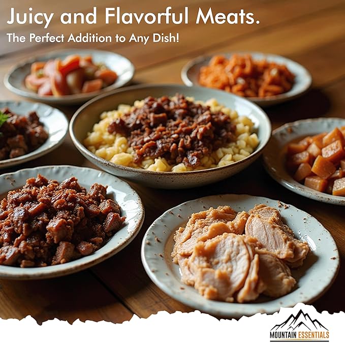 MOUNTAIN ESSENTIALS Freeze-Dried Meat Variety Kit ??3 Chicken Dices, 3 Beef Dices, 3 Ground Beef, 2 Shredded Pork & 1 Pork Sausage Crumble | 10 Servings per Pouch | Shelf-Stable Daily Meals, Camping & Emergency Food | Made in USA