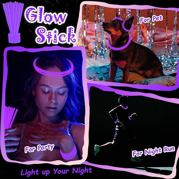 100 pk 8" Purple Glow Sticks Bulk Party Favors, Light up Glow Necklaces & Bracelets in the Dark Party Supplies For Christmas Halloween Mardi Gras Birthday Neon Party (100 * Purple)