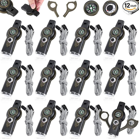 12 Pack Emergency Survival Function Whistle 7-in-1 Compass Hiking Survival Safety Whistle with Lanyard Outdoor Multifunctional Tool Ideal for Hiking Camping Rescue Signaling