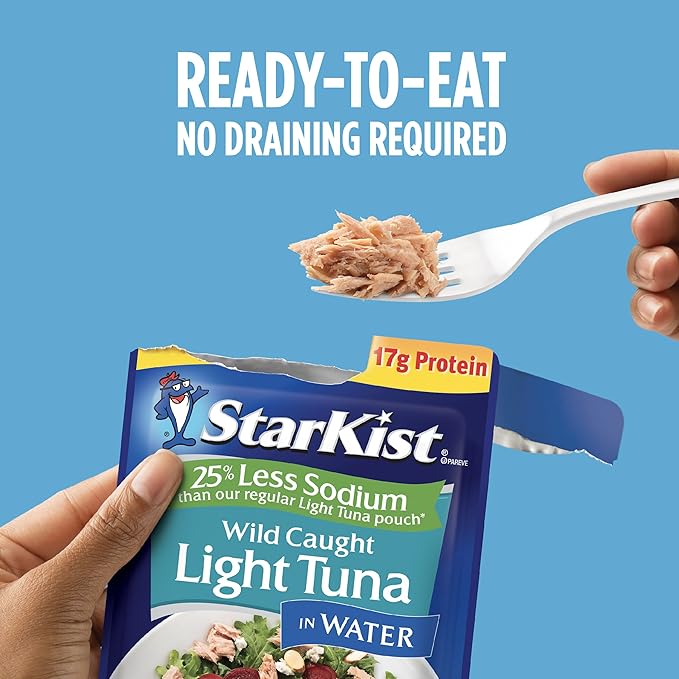 StarKist Reduced Sodium Chunk Light Tuna in Water, 2.6 oz Pouch (24 Pack) Ready to Eat Wild Caught Tuna, 17g Protein, Gluten Free, Soy Free, Kosher, Perfect for Salads, Keto Meals and Snacks