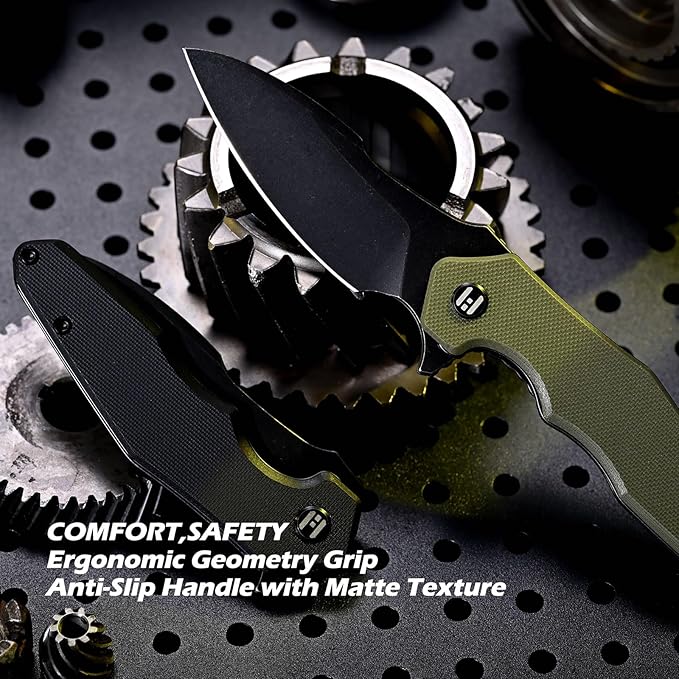 Hightron Mini Ventura Flipper Pocket Knife, 2.85" D2 Blade and Ergonomic G10 Handle, EDC Folding Knives for Camping Survival Hiking tool for Men Women (Green-B)