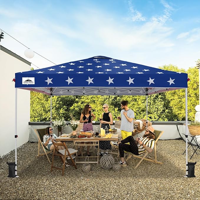 EAGLE PEAK Pop Up Canopy Tent with Wheeled Carry Bag, 8 Stakes, 4 Ropes, 4 Weight Bags, Easy Set Up Tent Canopy, 12x12 ft, 144sqft of Shade, American Flag
