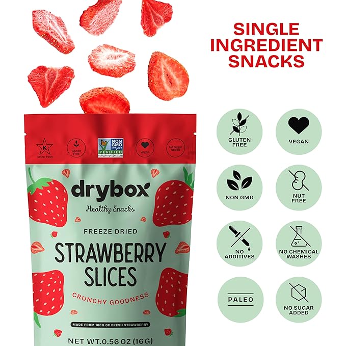 Drybox Freeze Dried Strawberries Sliced | 100% Natural Fruit | Freeze Dried Strawberry Source | No Sugar & Additives | Healthy Snack & Topping for Beverages or Recipes | Non-GMO, Vegan, Gluten Free, 0.56 oz 1 pack