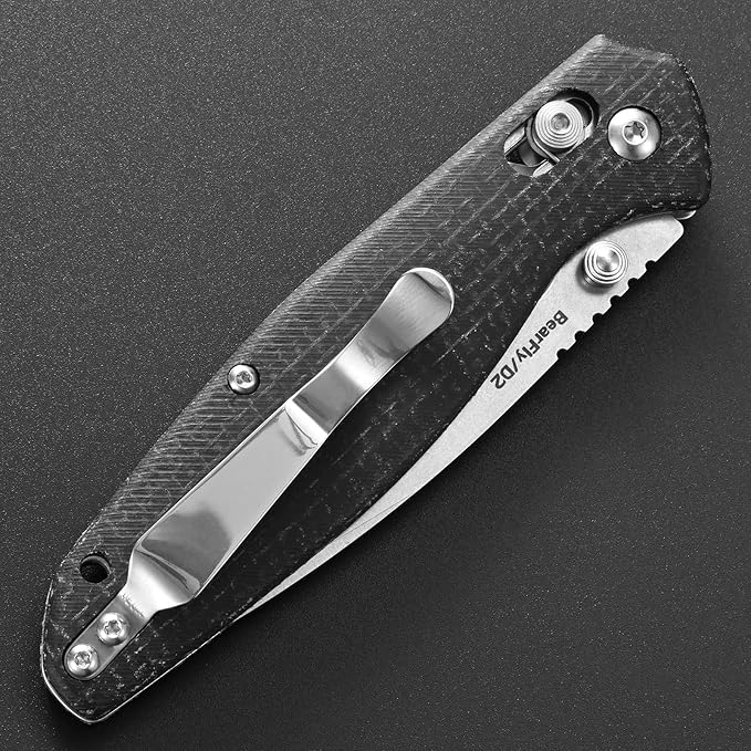 Eafengrow EF966 Folding Knife D2 Blade Micarta Handle with Pocket Clip EDC Tactical Knife thumb knobs Axis Lock EDC Multitool Knife (BLACK)