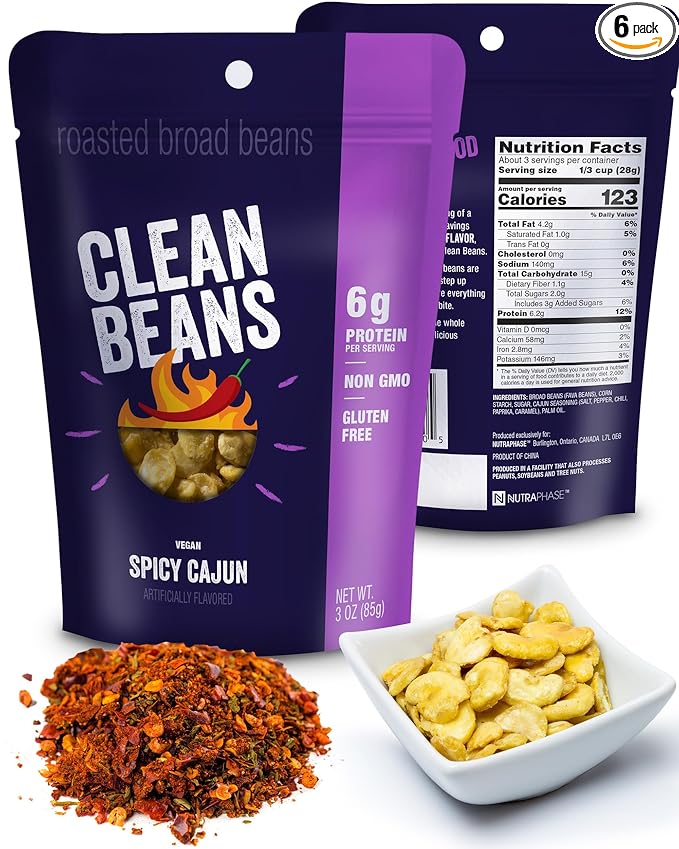 Clean Beans Broad Fava Beans Snack - Spicy Cajun Flavor, 6g Protein, Low Sugar, Non-GMO, Non-Gluten - On The Go Office Snack - Nutraphase, 85g x 6-Count