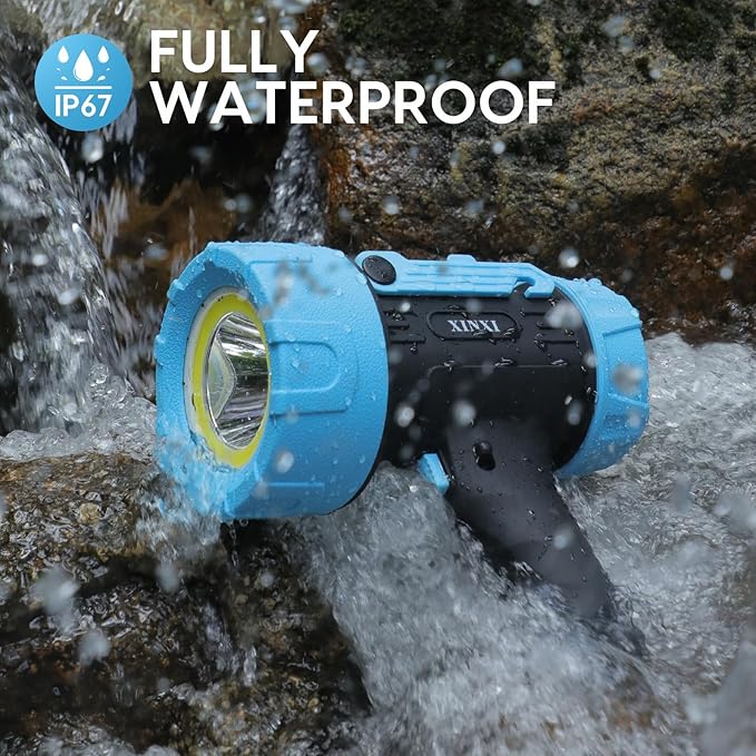 XINXI Rechargeable Spotlight with COB Floodlight, 6 Light Modes and USB Charger for Hiking, Boating, Hunting, IP67 Waterproof Handheld Flashlight with red Filter(Blue)