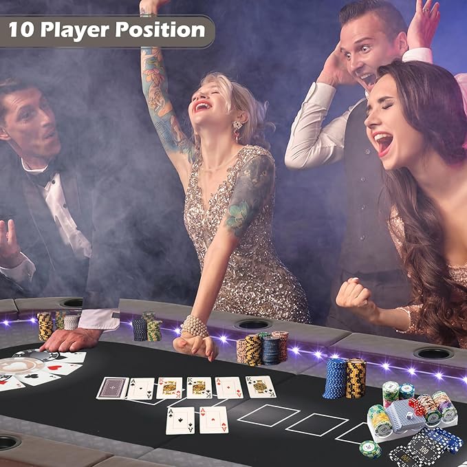LED Poker Table, 84" 10 Player Foldable Texas Holdem Table w/Inlaid LED Light, 2 USB & 2 Type-c Ports, Portable Blackjac for Texas Card Game w/Cup Holders and Padded Rails (Brown)