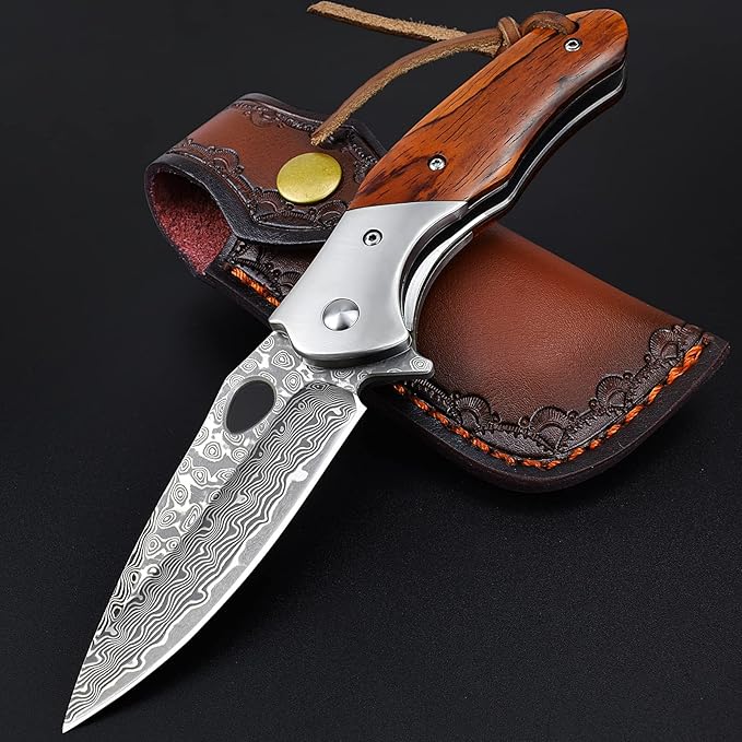 KOMWERO Damascus Pocket Knife for Men, VG10 Core Damascus Steel Folding Knife with Wood Handle, Ball Bearing, Thumb Hole, Liner Lock, Sheath for EDC Outdoor Survival Hunting