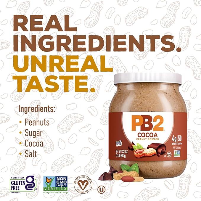 PB2 Powdered Chocolate Peanut Butter with Cocoa | 2lb Jar | 4g of Protein, 90% Less Fat, Certified Gluten Free, Only 50 Calories per Serving for Shakes, Smoothies, Low-Carb, Keto Diets