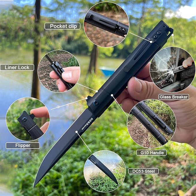 Flipper Pocket Folding Knife,DC53 Steel Blade and G10 Handle. With pocket clip and glass breaker,men's pocket knife hiking trip EDC tool Knife (Black PVD Blade-D)