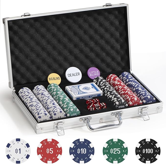 300Pcs Numbered Poker Chips Set for Texas Holdem,Blackjack, Tournaments with Aluminum Case,2 Decks of Cards, Dealer, Small Blind, Big Blind Buttons and 5 Dice,11.5 Gram