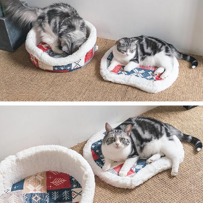 Cat Cave Bed ??Plush, Warm & Calming Hideaway with Detachable Lid & Mat, Covered House for Indoor Kitten & Kitty (Redwhite)