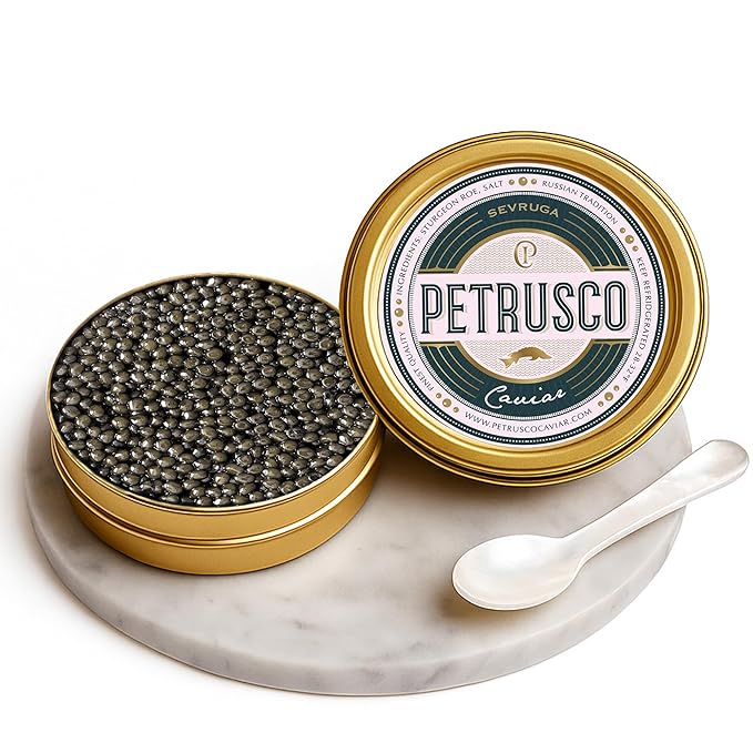 PETRUSCO Sevruga Black Caviar - Premium Fresh Seafood Sturgeon Fish Caviar - Rich, Buttery Flavor, Smooth & Briny Taste with Elegant Texture and Perfect for Fine Dining (1 Ounce)